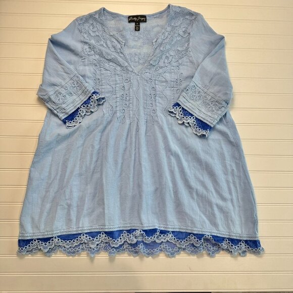 Gretty Zueger Tops - Gretty Zueger Blue Lace Detail 3/4 Sleeve Tunic Top Lagenlook G43